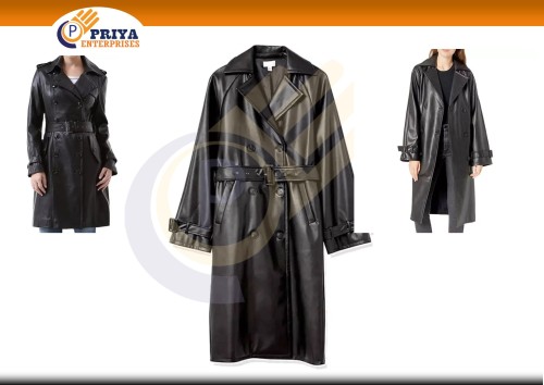 Classic Black PU Leather Coat for Women Ladies Leather Jacket Long Leather Trench Coat