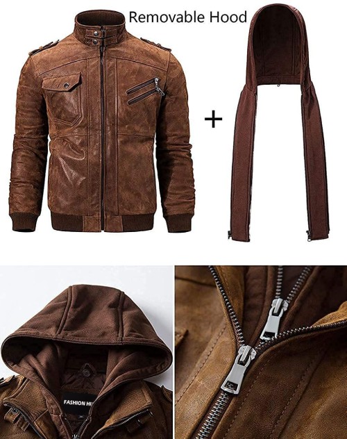 100% Genuine Lamb Leather Men Brown Leather Jacket with Removable Hood |Fashion Firm